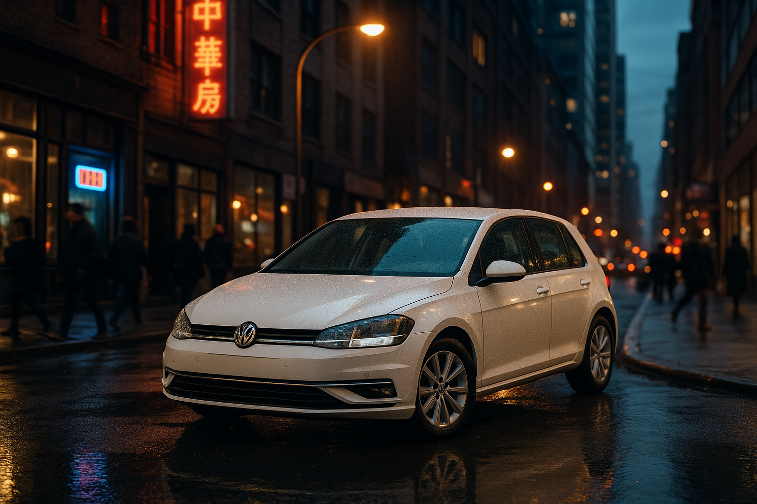 A imagem apresenta um carro branco Volkswagen em uma rua urbana iluminada, refletindo a luz da cidade molhada pela chuva. As luzes de néon vermelhas e azuis dos estabelecimentos próximos contrastam com a paleta fria da cena noturna, criando um ambiente vibrante e contemporâneo.